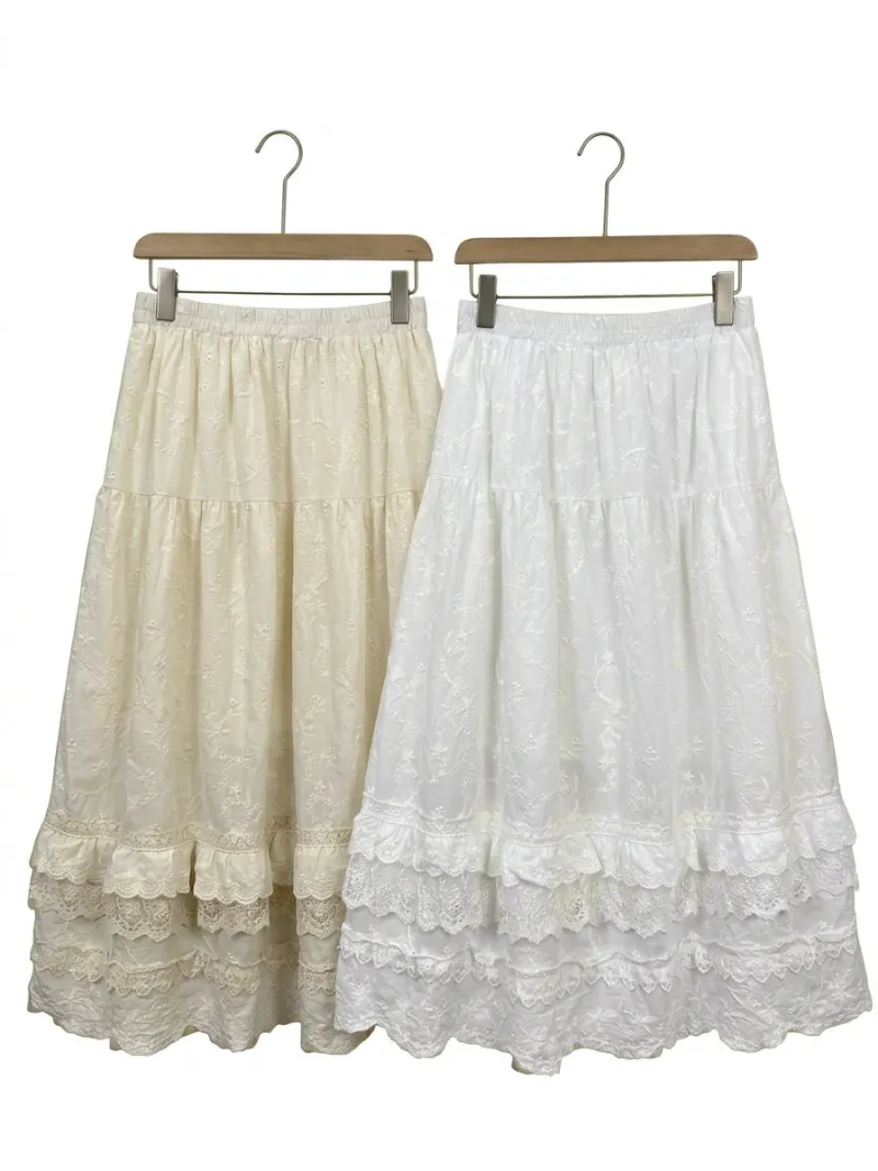 Cottagecore Clothes Cottagecore Embroidered Lace-Tiered Maxi Skirt with floral embroidery and scalloped lace hem