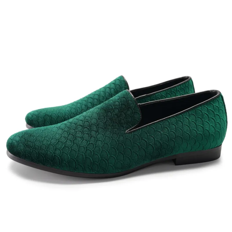 Cloudstyle Loafers for Men Slip on Shoes Fish Scales Comfortable in Green, showing satin texture and slip-on design