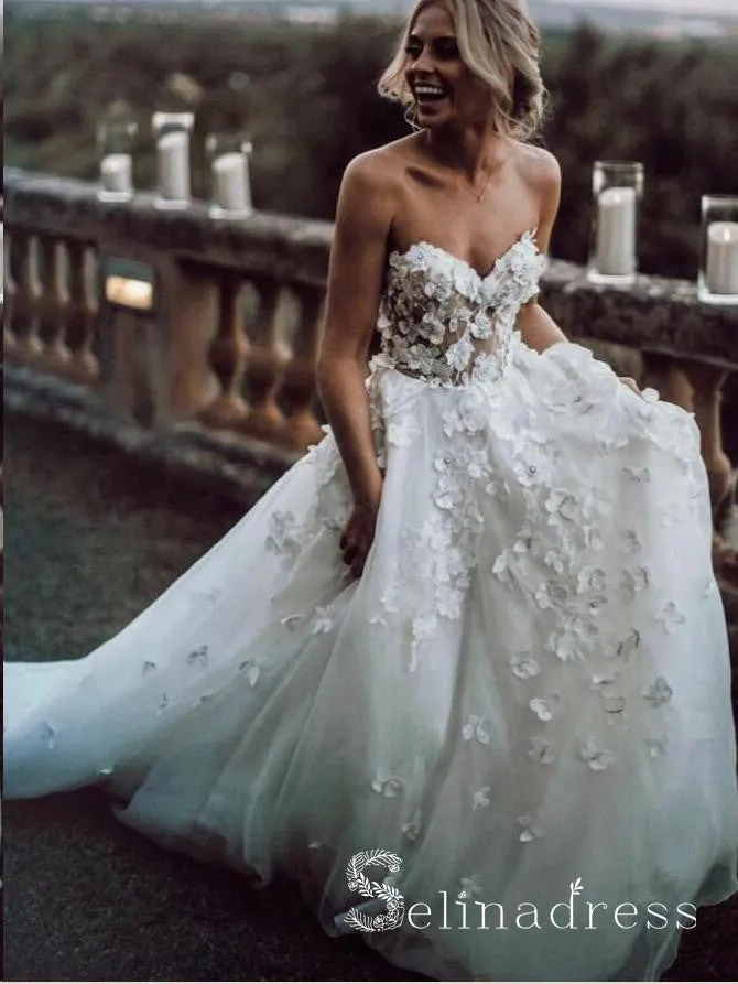 Selinadress A Line Beautiful Wedding Dresses Sweetheart Appliques Beach Princess Bridal Gown in ivory