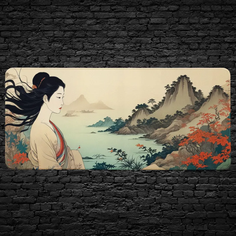 CruArt Geisha Serenity Desk Mat showing Japanese geisha overlooking mountains and water in autumn colors
