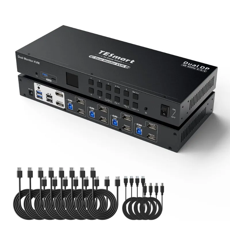 TESmart 4 Port Dual Monitor KVM Switch Kit with DisplayPort 4K60Hz and USB 3.0 docking station