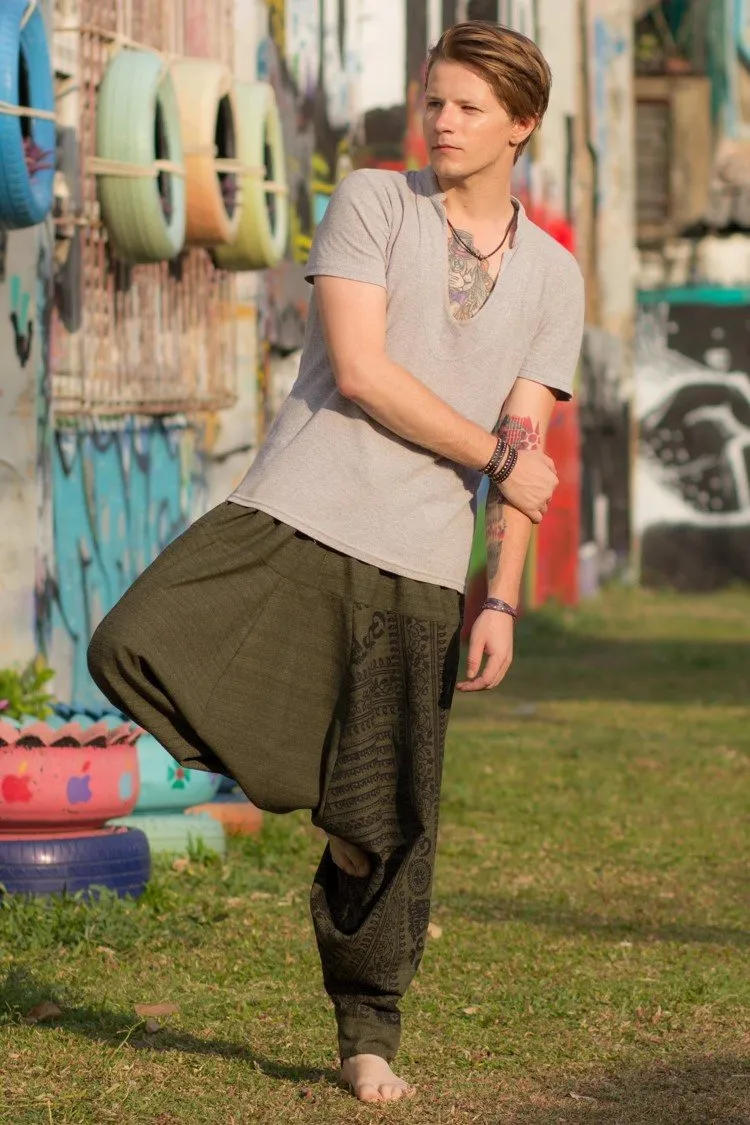 Hippie Pants Green Om Pants men's woven cotton Om print