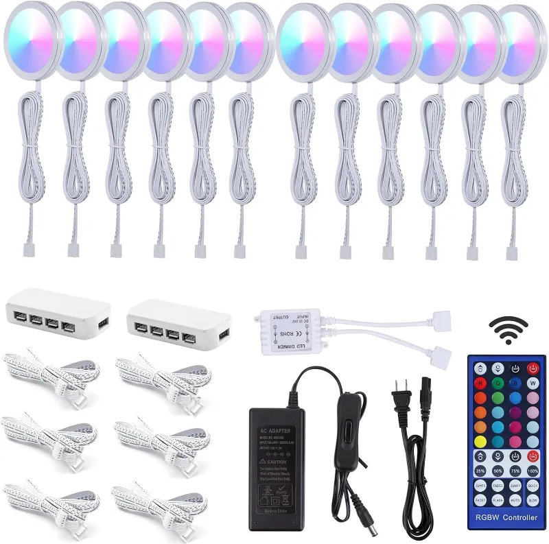 AIBOO 12 Pack RGBWW LED Under Cabinet Lights Color Changing Puck Lights with Remote for Kitchen Cabinet
