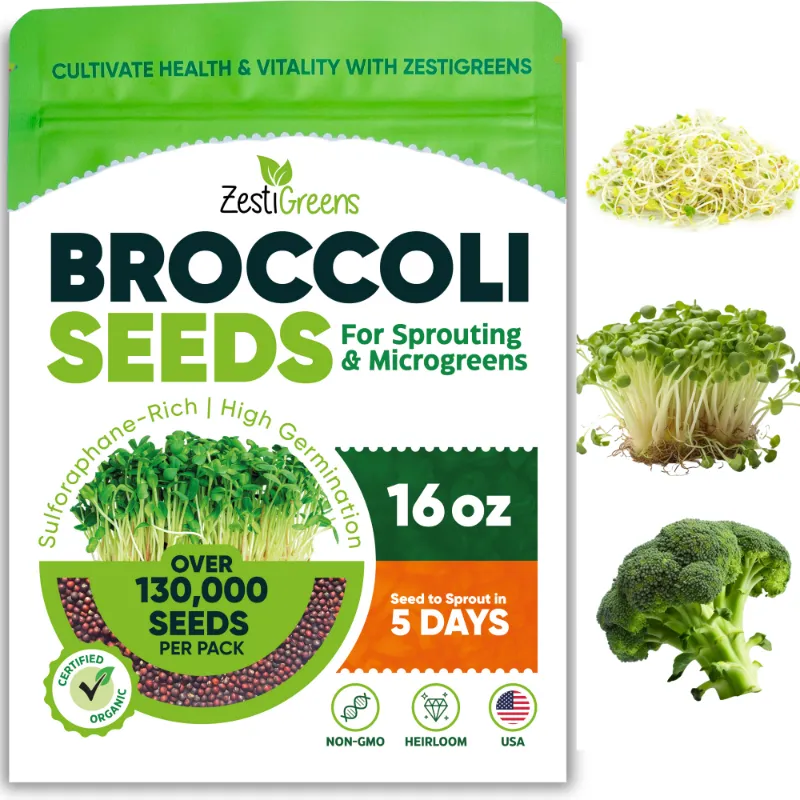 ZestiGreens Organic Broccoli Seeds packet for growing sprouts and microgreens at home