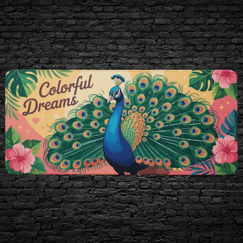 CruArt Colorful Dreams Peacock Desk Mat with intricate feather details and soft pastel tones