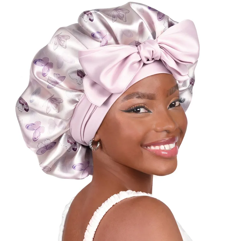 Yanibest Silk Butter Satin Bonnet with Tie Band in Mist Purple Butterfly print, shown flat