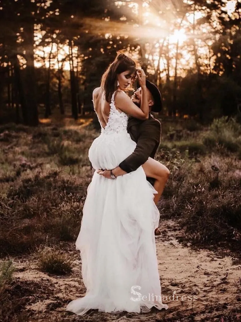 Selinadress A-line Deep V Neck White Lace Wedding Dresses Open Back Bridal Gowns, lace gown with open back