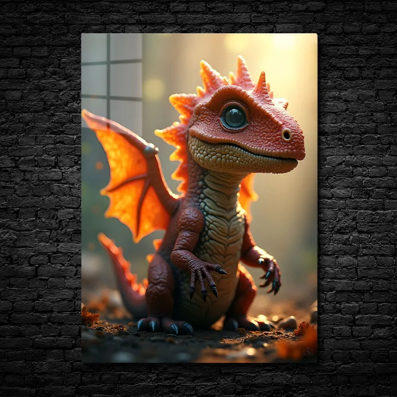 CruArt Blaze the Winged Hatchling metal print showing young red dragon with golden wings