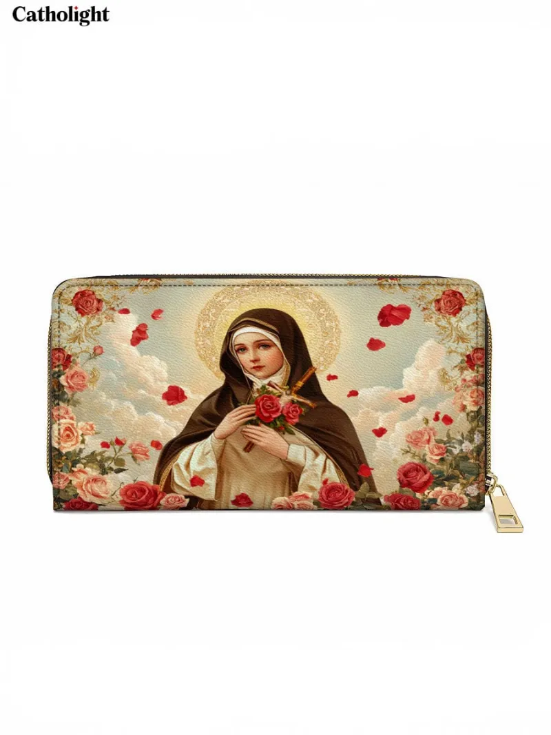 Catholight Little Flower Elegance Leather Wallet Purse with Saint Thérèse and roses