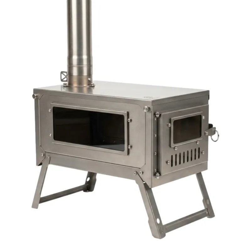 Valtcan Titanium Hot Tent Stove 7.9 lbs, shown with dual glass windows glowing from fire