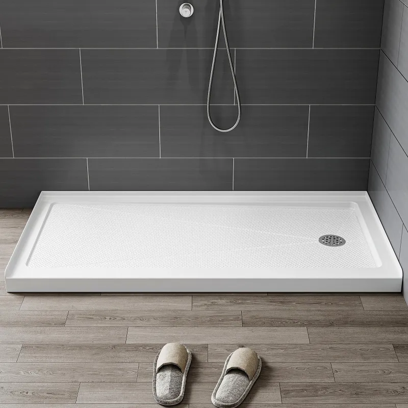 HOROW 60 Inch Acrylic Shower Pan with Wider Threshold and Chrome Right Drain in a bathroom