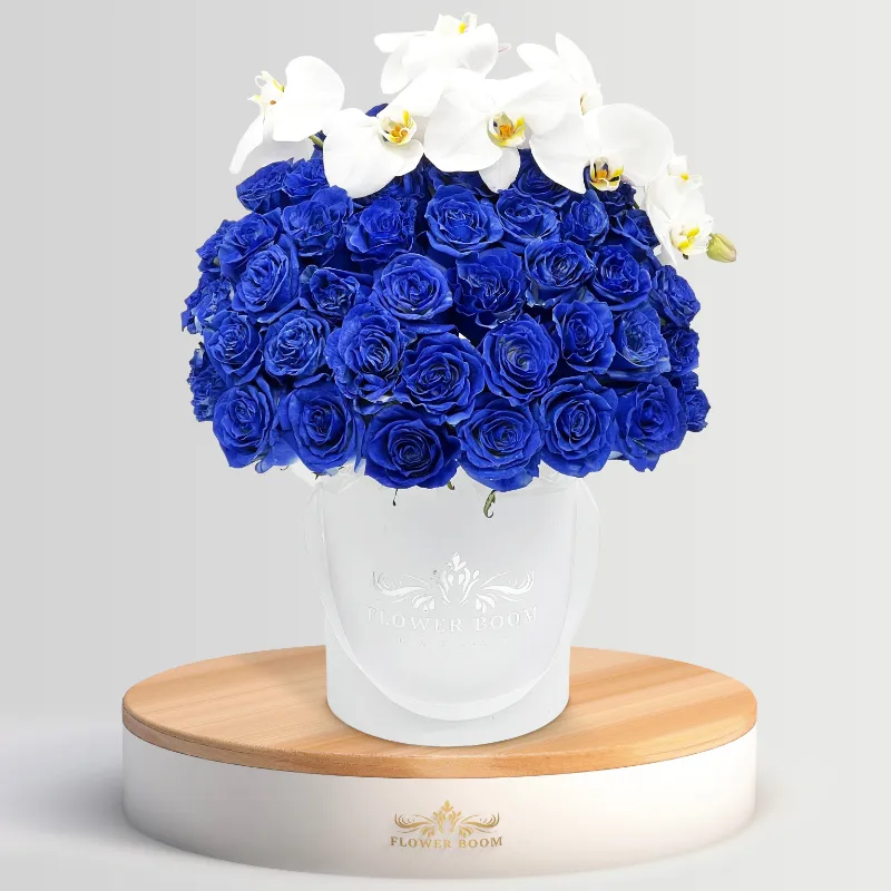 Flower Boom Dallas Mother's Day Gift - The Romanticist Mom with blue roses and white orchid