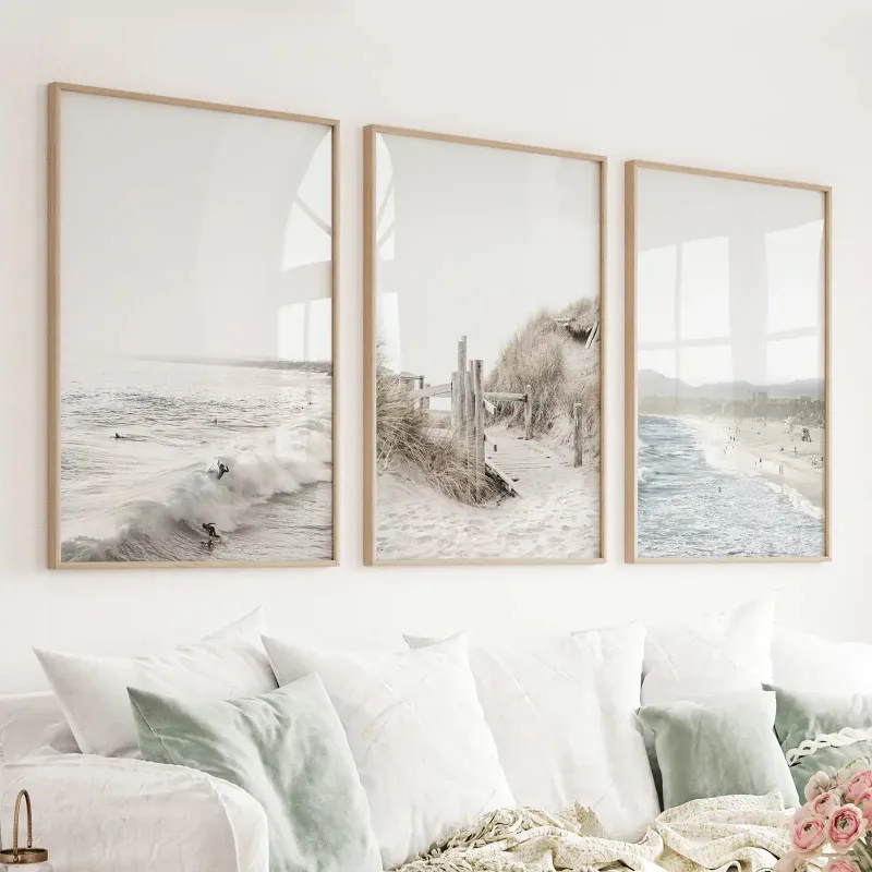 Wall Art Set 3 Piece Coastal Landscape Waves Surfers Beach Pathway with blue and beige scenes