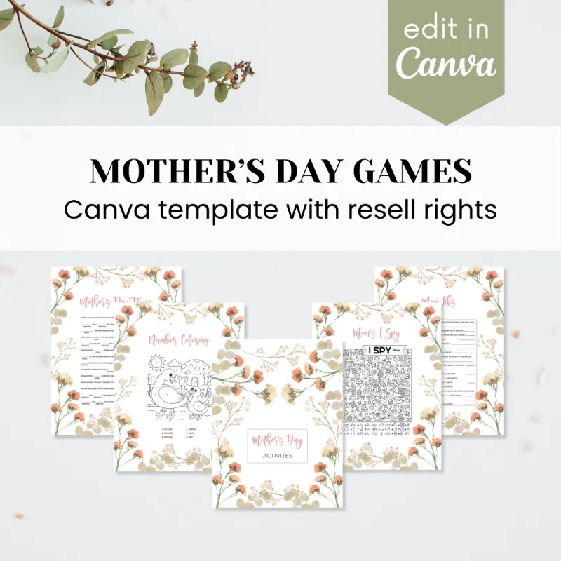 Purpose PLR Mother's Day Games Bundle Template Canva game pages