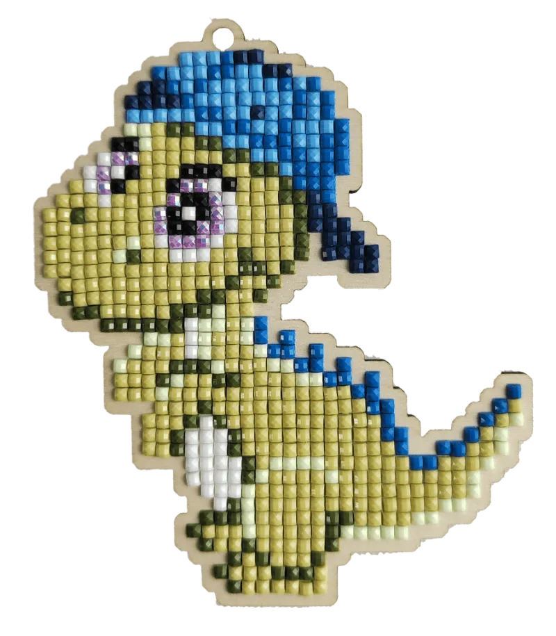 Varvikas 5D Diamond Painting Dinosaur Dandy, colorful pixelated dinosaur on wooden base