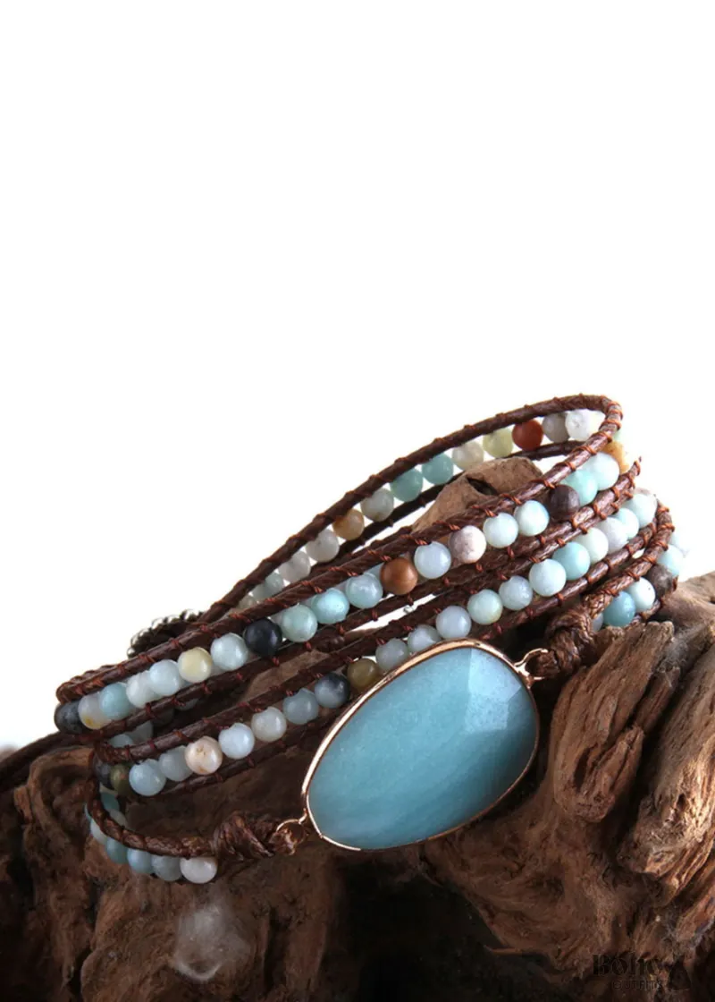 Boho Dress RH 3 Layers Leather Wrap Bracelet with blue, rose and purple natural stones