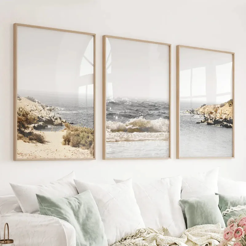Wall Art Set 3 Piece Beige Ocean Beach Decor Gray Waves with Rocks