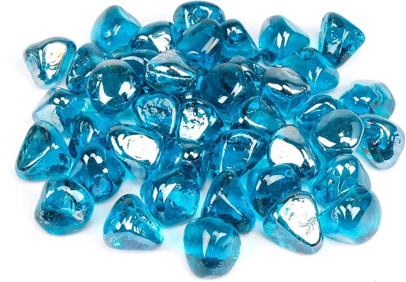 GrillPartsReplacement 1 inch high luster reflective tempered Caribbean blue fire glass diamonds for fire pit
