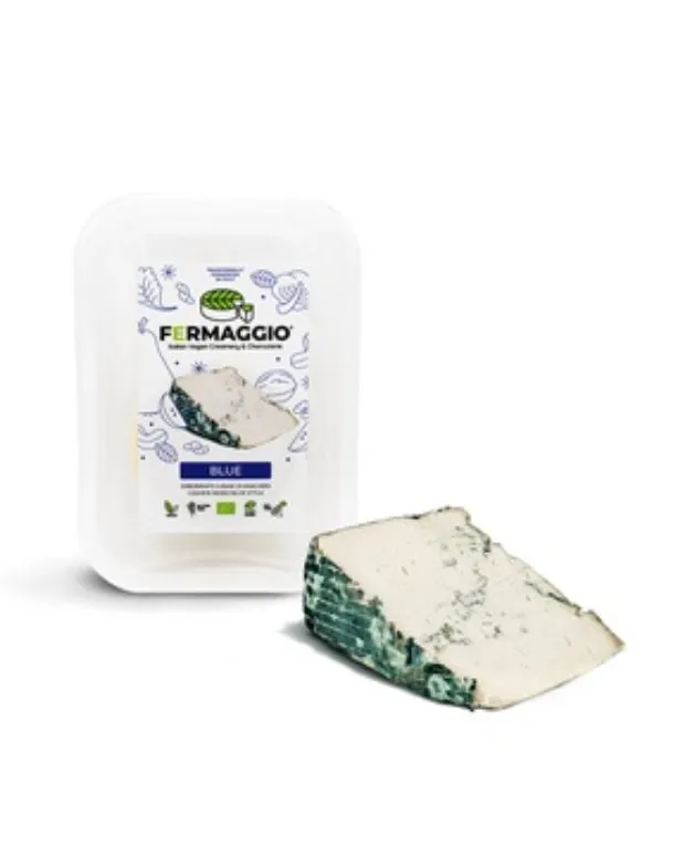 Vegaliano Vegan Blue Cheese Italian Gorgonzola-Style showing creamy cashew cheese marbled with blue mold