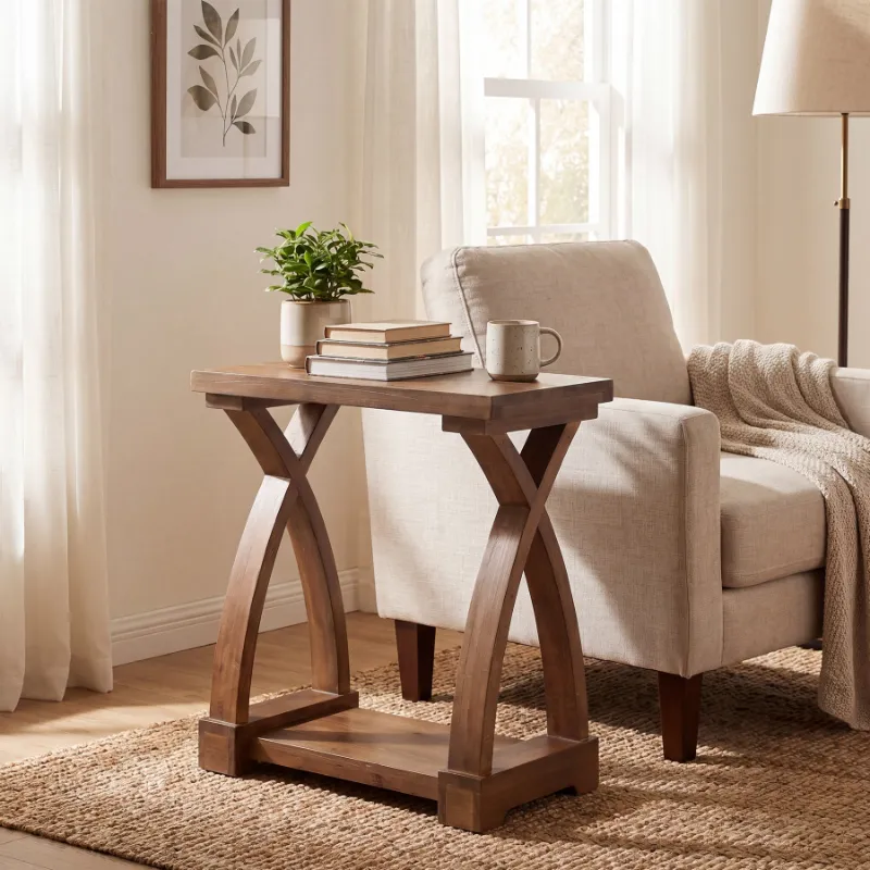 Tribesigns 23.62" solid wood end table with curved X-frame and warm brown finish