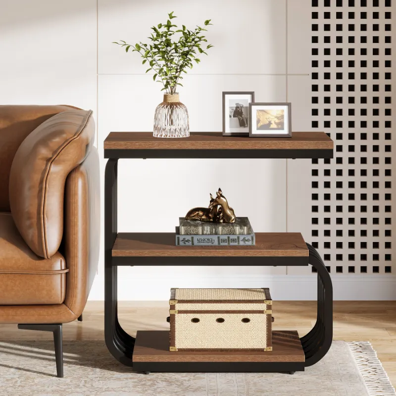 Tribesigns 3 Tier End Table with rustic brown shelves and black metal frame