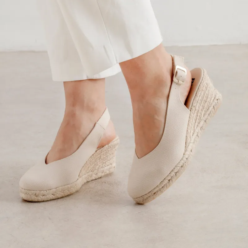 BIANKINA Murcia Organic Cotton Espadrille Wedges in beige with ankle strap and jute sole