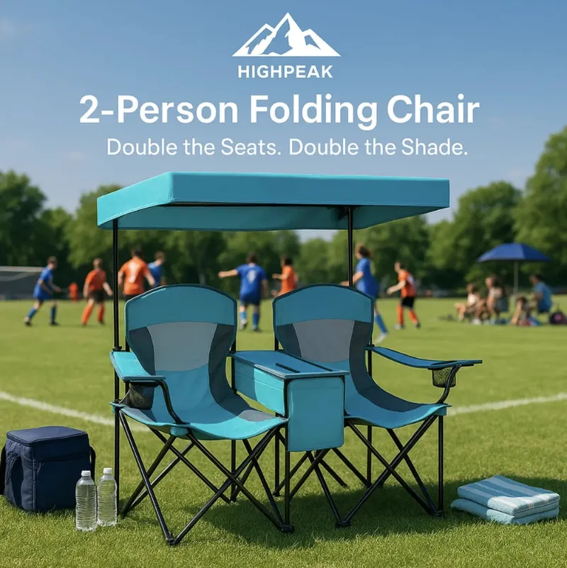 HighPeak 2-Person Folding Camping Chair with two seats under a built-in sunshade canopy