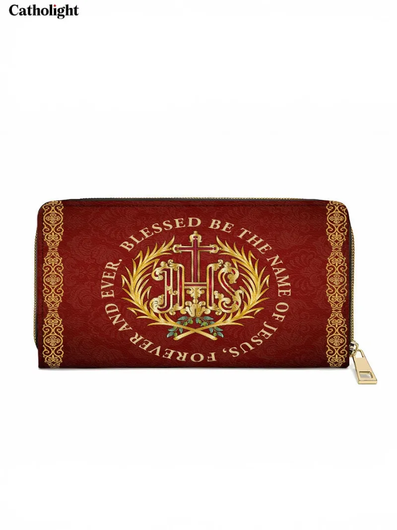 Catholight Radiance of Faith Leather Wallet Purse showing IHS monogram with golden wreath on crimson leather