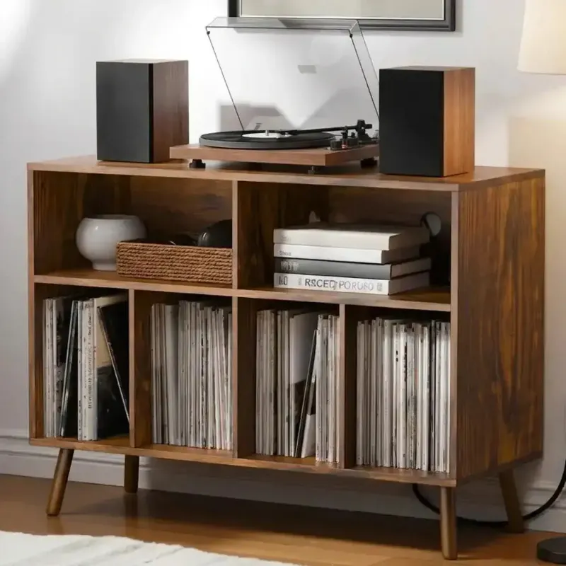 Retrolife Record Player Stand with Vinyl Storage Cabinet Cube Organizer Charging Station 350 LPs 39.4 inch W showing open cube shelving