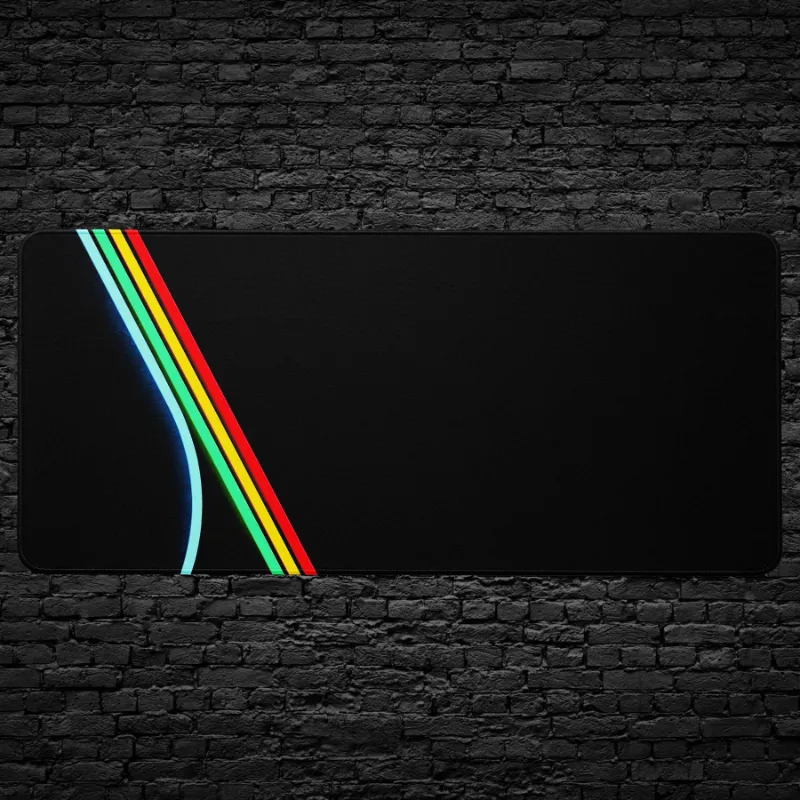 CruArt ARC Raiders Retro Neon Stripe Desk Mat with bold cyan, green, yellow, and red lines on black