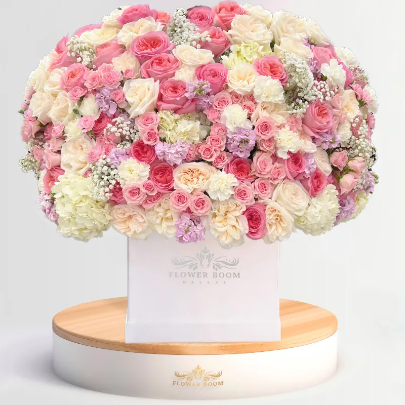 Flower Boom Dallas Blush Royale pink and white flower box with hydrangeas, roses, stock, and baby's breath