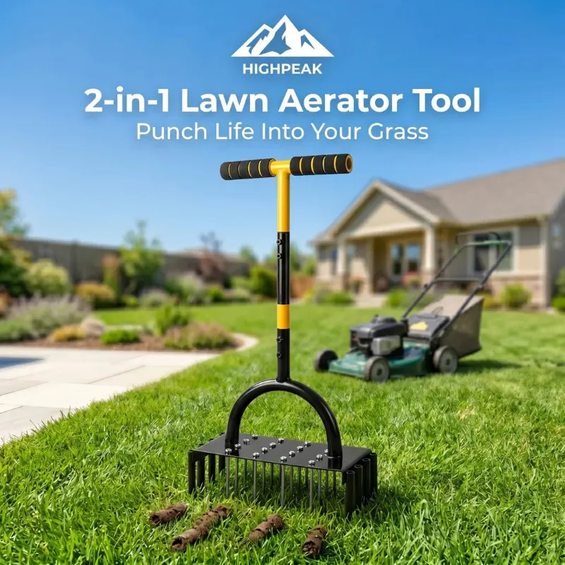 HighPeak 2-in-1 lawn aerator tool with spikes and coring plugs