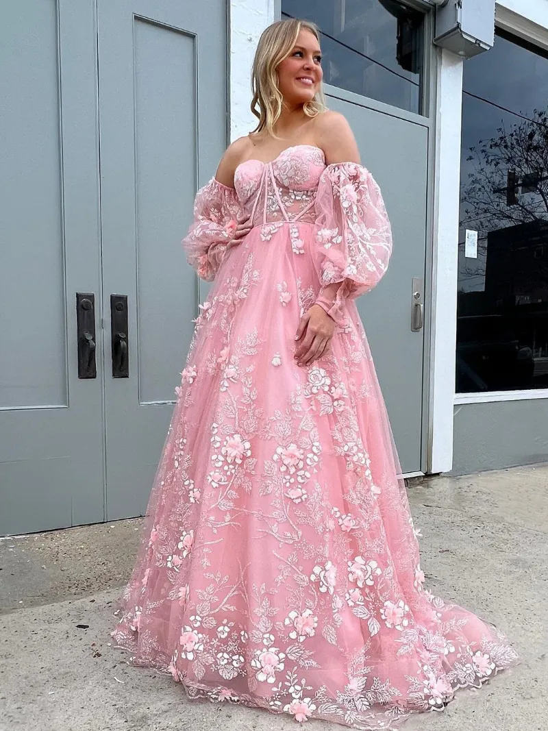 Selinadress A-line Beautiful Sweetheart Long Prom Dress, pink lace evening gown with tulle overlay