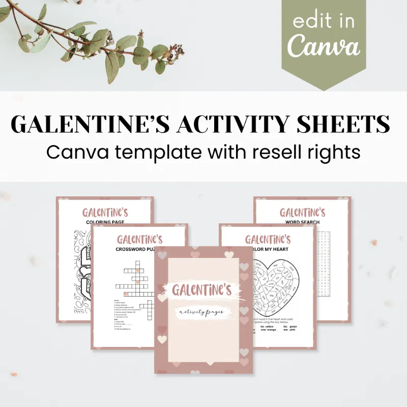 Purpose PLR Galentine's Day Activity Sheets Templates showing eight-page Canva design