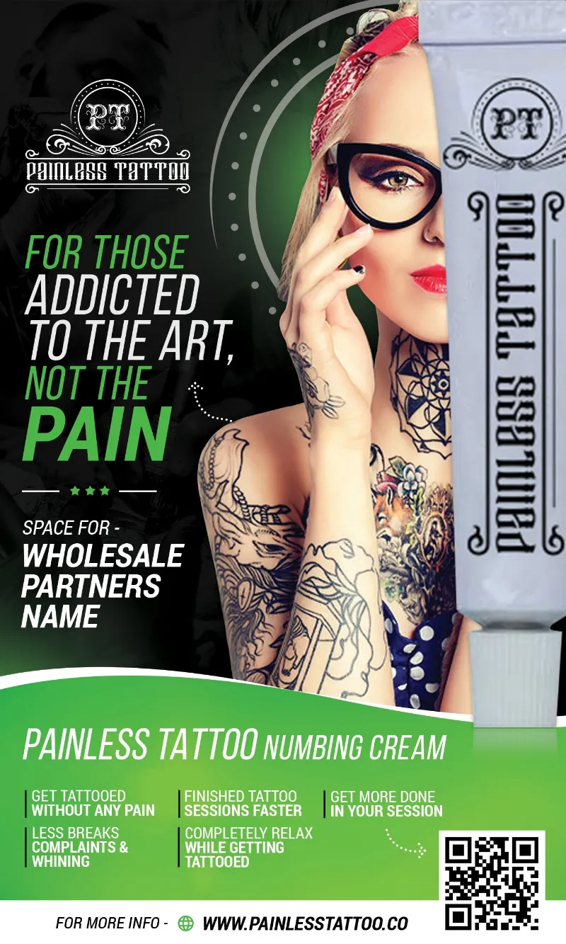 Painless Tattoo Vertical Banner design 1 hanging in a tattoo shop
