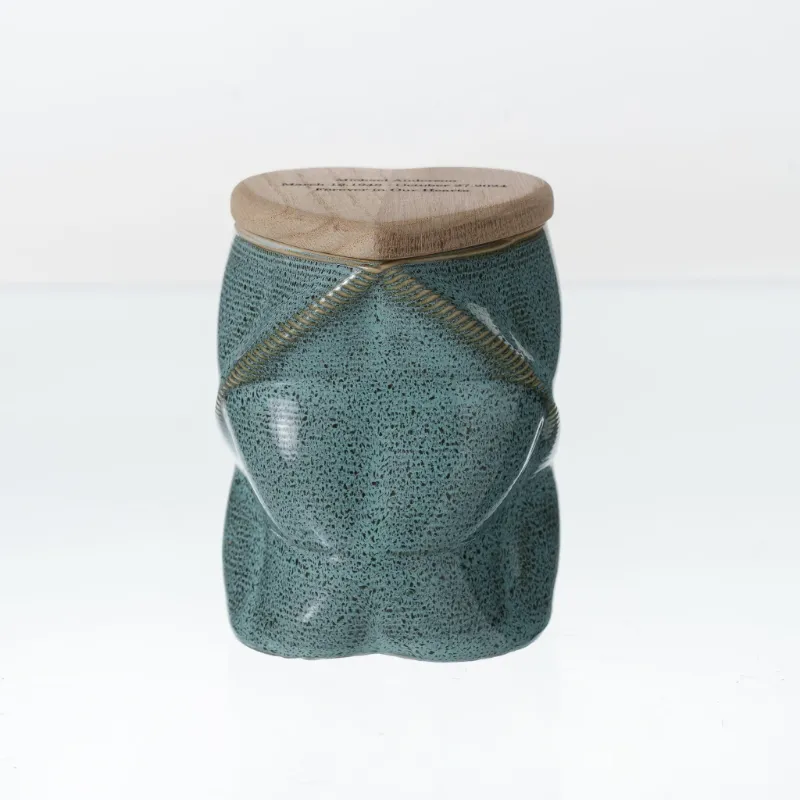 Pulvis Art Urns Cremation Urn Nexus 3D Printed Ceramic Urn in Oily Green Melange with heart shaped wooden lid
