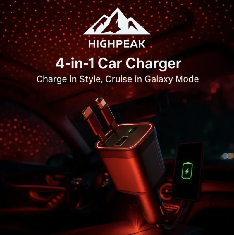 HighPeak 4-in-1 Retractable Car Charger with Light Projector glowing with red star projections inside a car