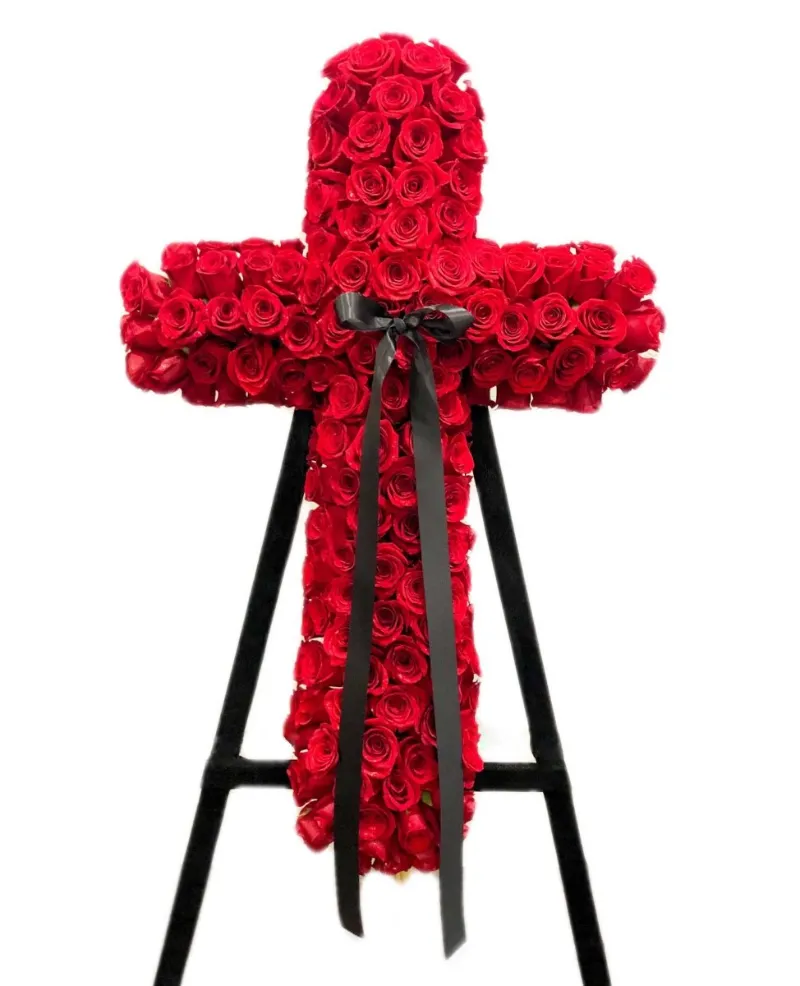 Flower Boom Dallas Red Cross From Fresh Red Roses standing funeral arrangement with red roses