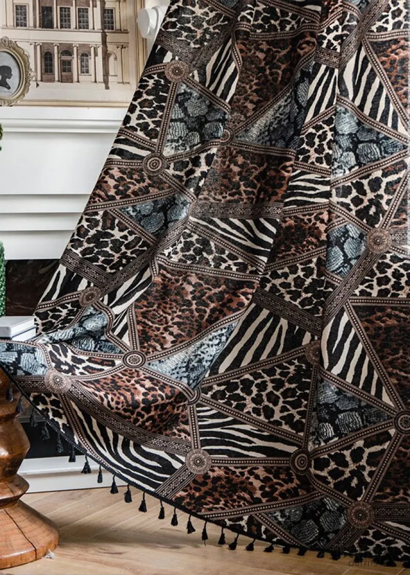 Boho Dress Animal Print Curtains with bohemian design shown hung in a room