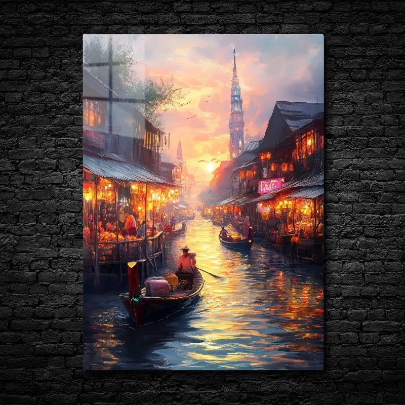 CruArt Sunset at the Floating Market metal print showing boats and lanterns at golden hour