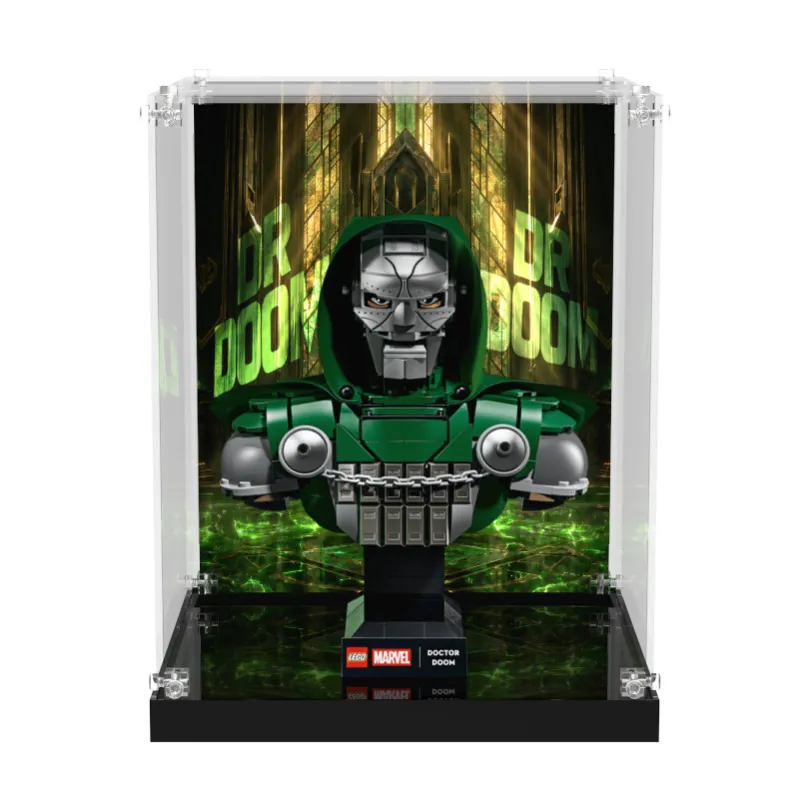 ICUANUTY Acrylic Display Case for LEGO Marvel Doctor Doom Bust 76345, clear acrylic case with black base shown with bust inside