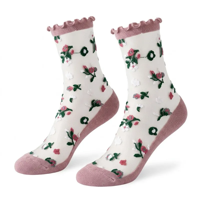 Cottagecore Clothes Cottagecore Frill Sock in sheer blush pink with floral print and ruffled cuff