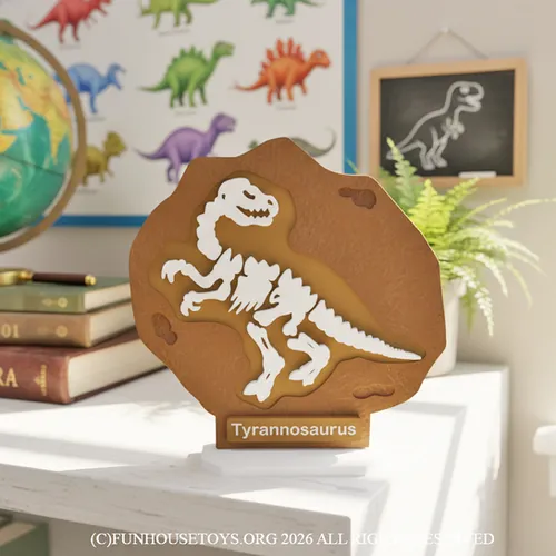 Fun House Toys Dinosaur Bone Fossil Puzzle Model showing assembled Tyrannosaurus Rex skeleton