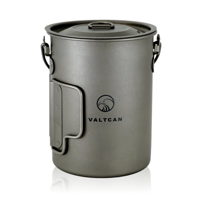 Valtcan 900ml Titanium Pot with folded handles displayed on white background