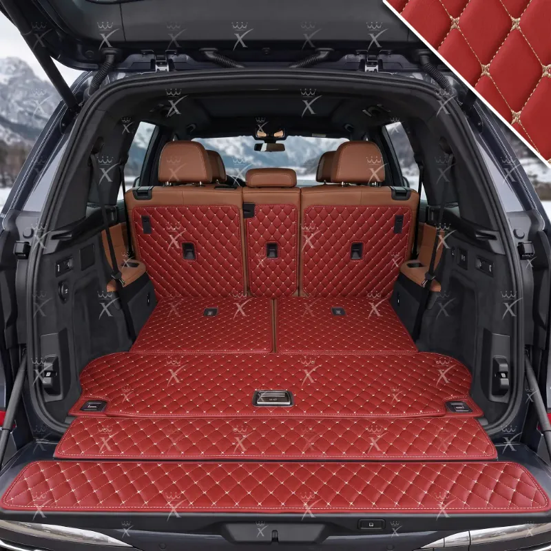 Luxus Car Mats XtendFit Diamond Trunk Mat in Cherry Red covering trunk floor and seatbacks