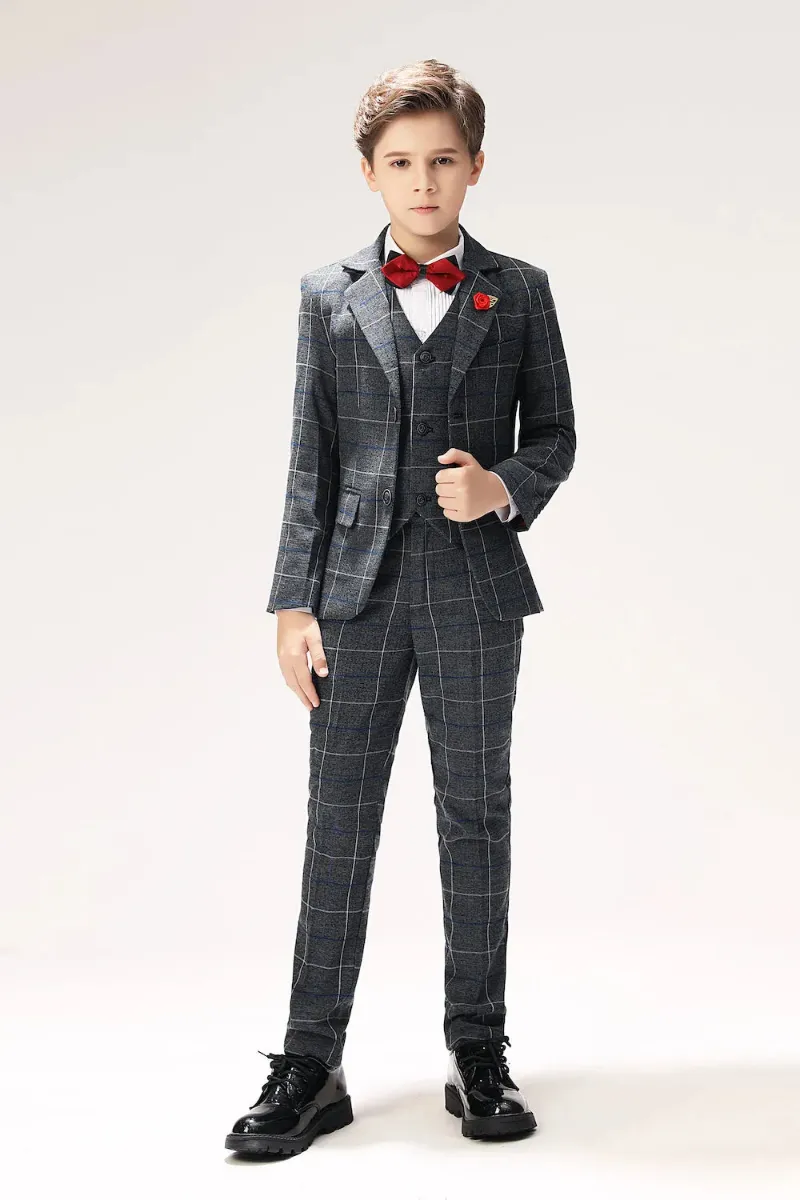 Wehilion Dark Grey Plaid Elegant 5 Piece Boys Suits photographed as a complete outfit