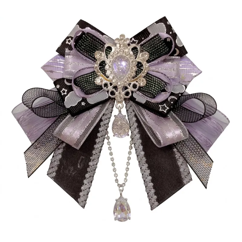 Shoptery Jirai Kei Layered Ribbon Bow Brooch with Crystal Rhinestone Pendant and oversized bow silhouette