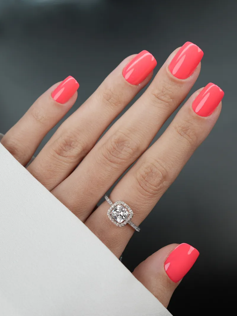 Roxy Nails Paris Sevilla vibrant coral pink glossy press on nails in extra short square rounded shape