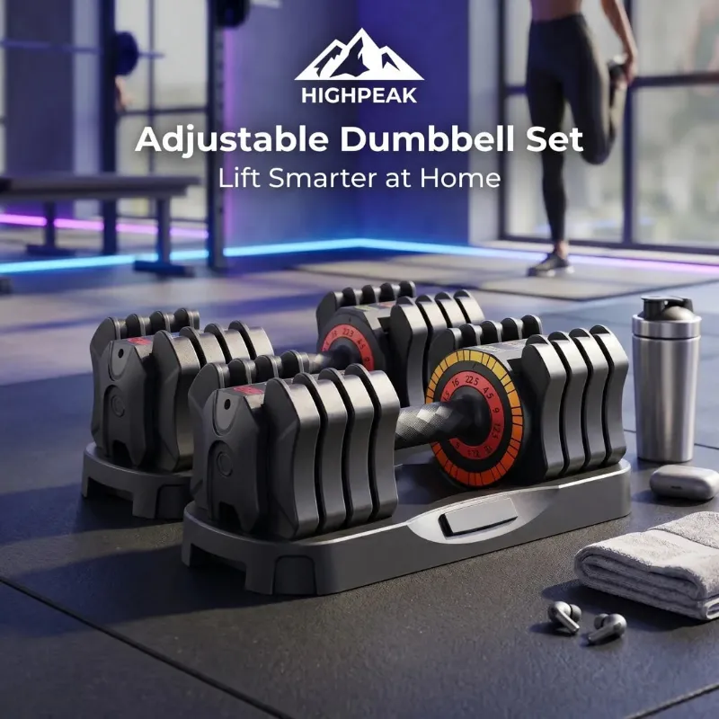 HighPeak Adjustable Dumbbell Set in its compact storage tray for home gym training