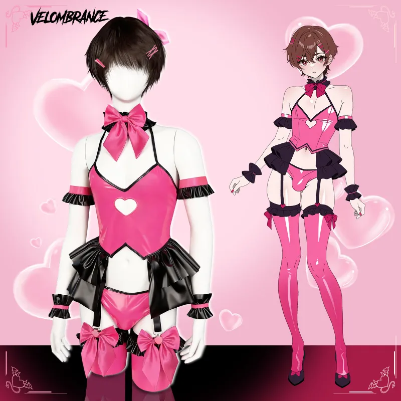 Velombrance Cosplay Pink Heart Set (7-Piece Set) AS35 with top, shorts, stockings, and pink heart accents.